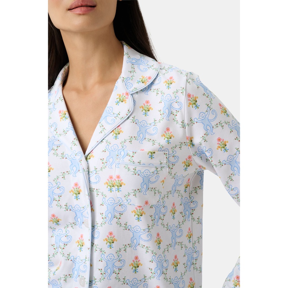 Roller Rabbit Floral Monkey Trellis Long Sleeve Polo Pajamas Size LBLUE / L - Picture 2 of 5